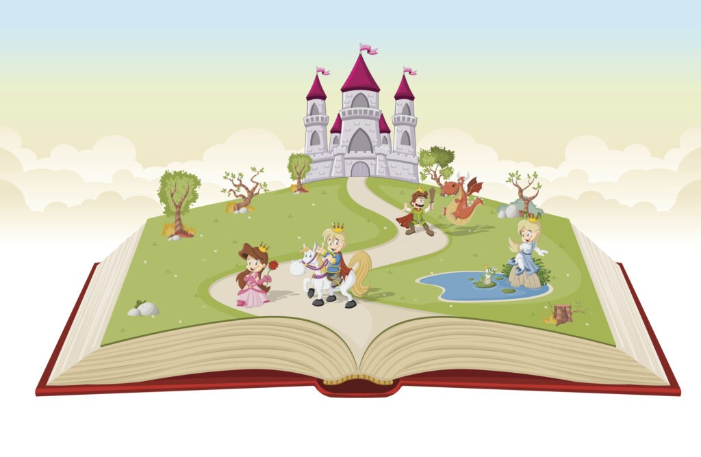 Open book with cartoon princesses and princes