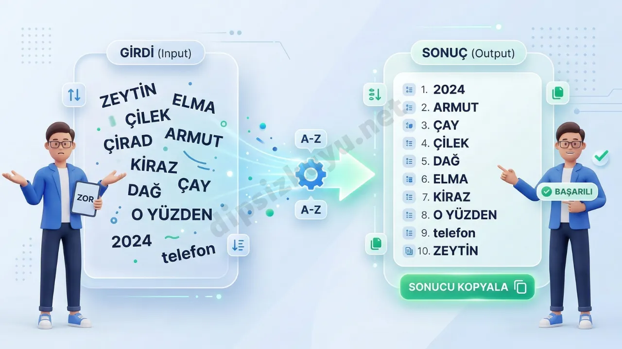 Ücretsiz Alfabetik Sıralayıcı Aracı: Metinleri ve Satırları A’dan Z’ye Düzenleyin | Türkçe Sıralama Aracı